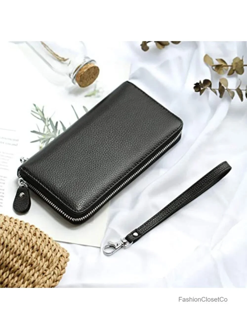 Genuine Leather RFID Blocking Zip Around Wallet Clutch Wristlet with Removable